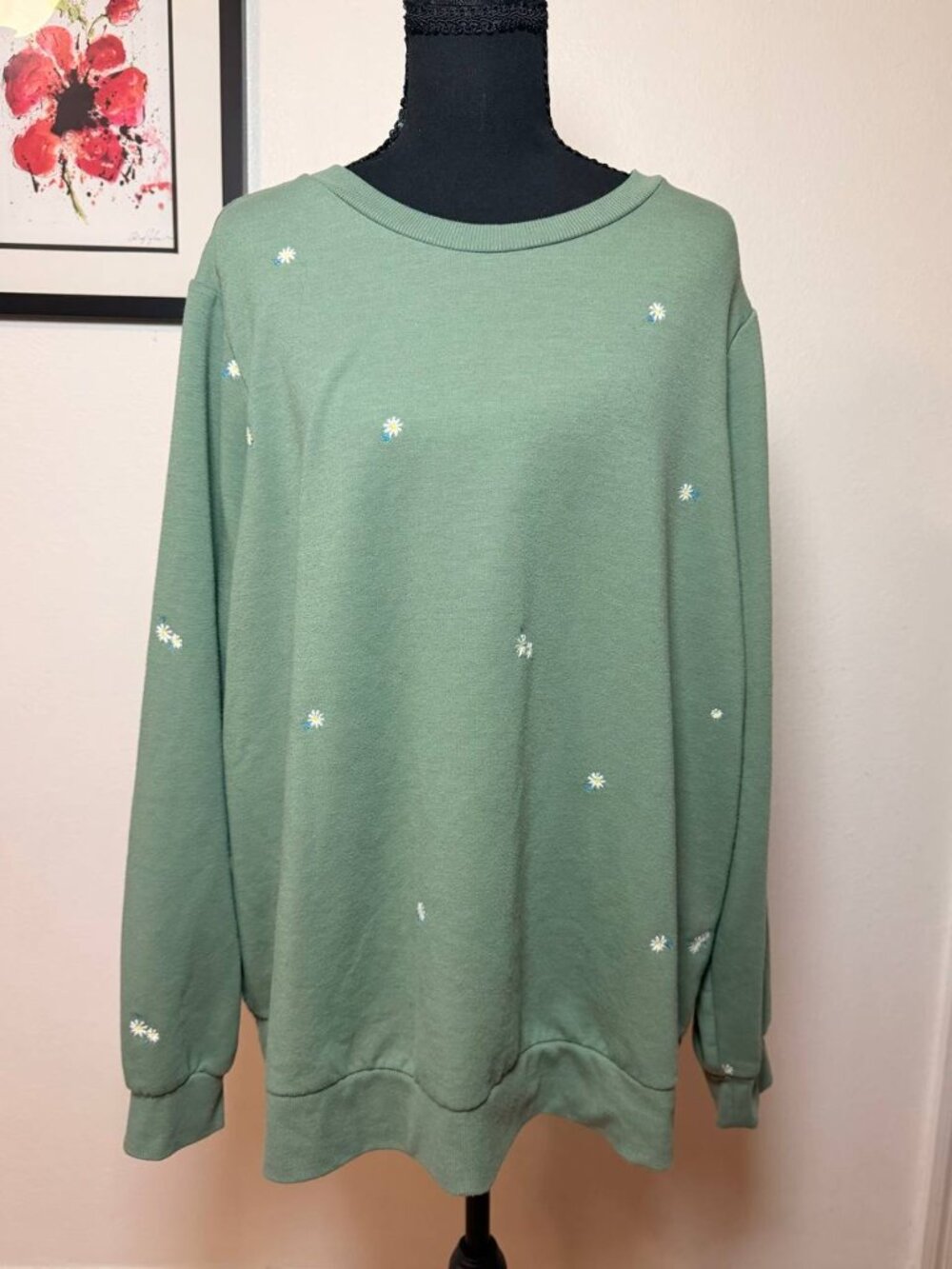 Gloria Vanderbilt Sage Green Daisy Embroidered Sweatshirt - Cottagecore Fall